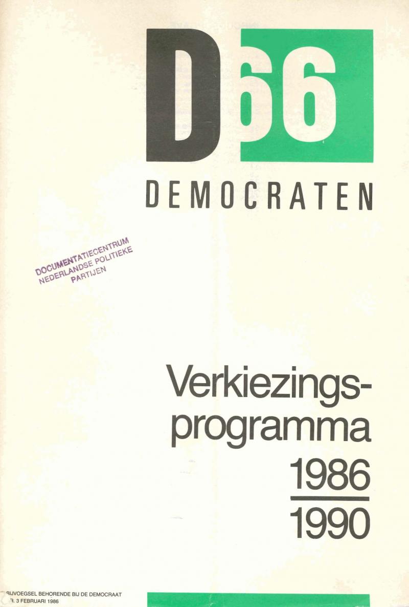 Voorkant van het D66 verkiezingsprogramma 1986-1990.