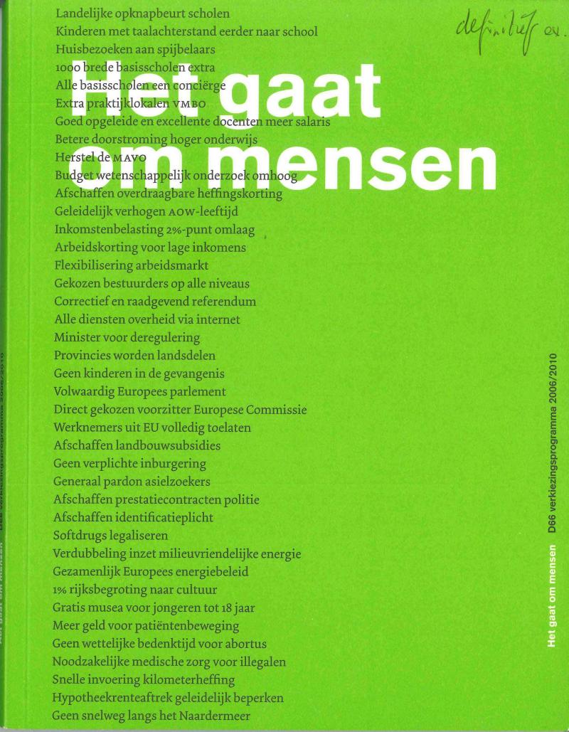 Voorkant van het D66 verkiezingsprogramma uit 2006